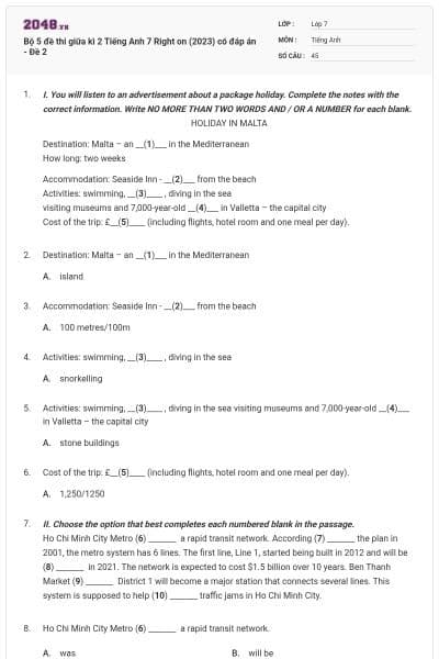 Bộ 5 đề thi giữa kì 2 Tiếng Anh 7 Right on (2023) có đáp án - Đề 2