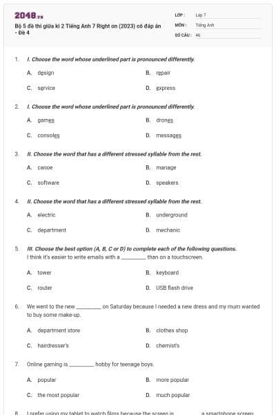 Bộ 5 đề thi giữa kì 2 Tiếng Anh 7 Right on (2023) có đáp án - Đề 4