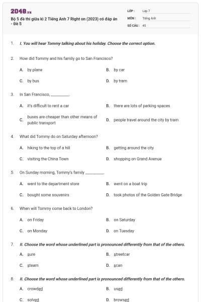 Bộ 5 đề thi giữa kì 2 Tiếng Anh 7 Right on (2023) có đáp án - Đề 5
