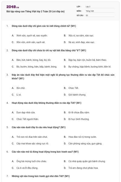 Bài tập nâng cao Tiếng Việt lớp 2 Tuần 20 (có đáp án)