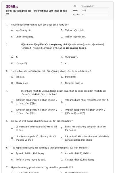 Đề thi thử tốt nghiệp THPT môn Vật lí Sở Vĩnh Phúc có đáp án