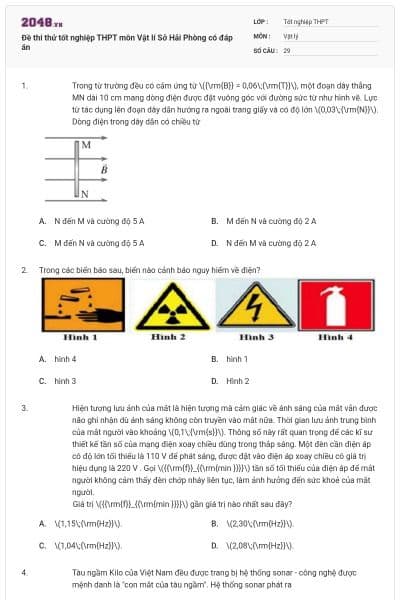 Đề thi thử tốt nghiệp THPT môn Vật lí Sở Hải Phòng có đáp án