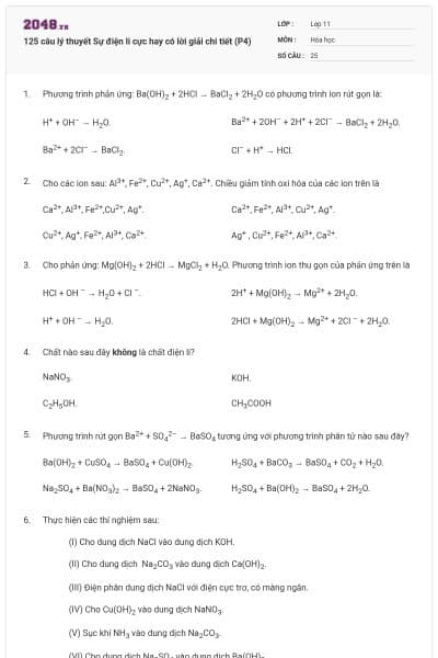 125 câu lý thuyết Sự điện li cực hay có lời giải chi tiết (P4)