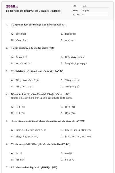 Bài tập nâng cao Tiếng Việt lớp 2 Tuần 22 (có đáp án)