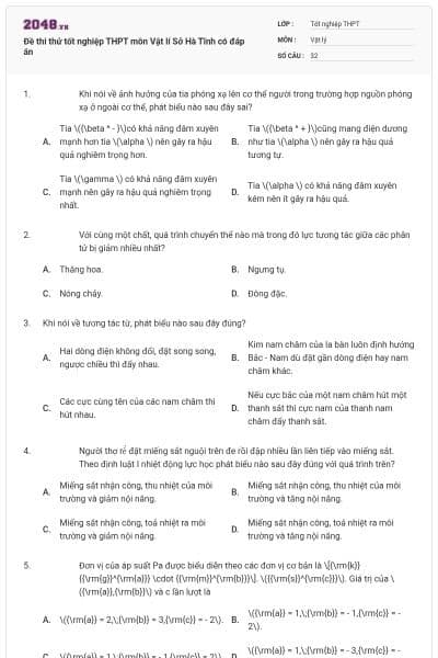 Đề thi thử tốt nghiệp THPT môn Vật lí Sở Hà Tĩnh có đáp án