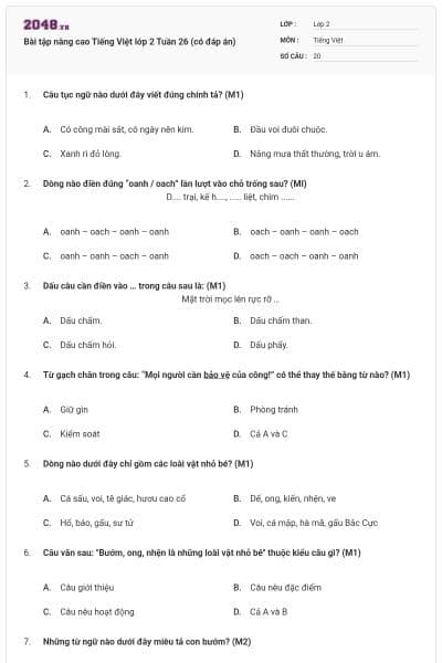 Bài tập nâng cao Tiếng Việt lớp 2 Tuần 26 (có đáp án)