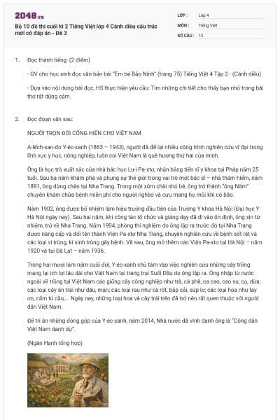 Bộ 10 đề thi cuối kì 2 Tiếng Việt lớp 4 Cánh diều cấu trúc mới có đáp án - Đề 3