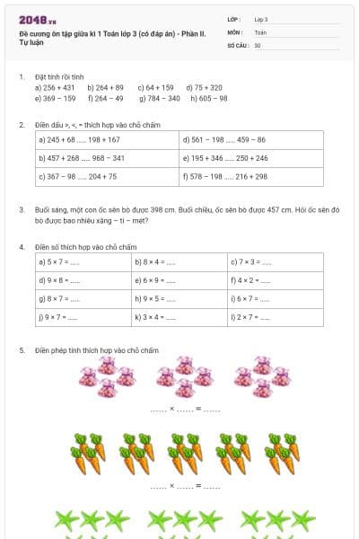 Đề cương ôn tập giữa kì 1 Toán lớp 3 (có đáp án) - Phần II. Tự luận