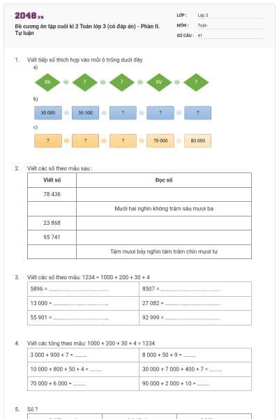 Đề cương ôn tập cuối kì 2 Toán lớp 3 (có đáp án) - Phần II. Tự luận