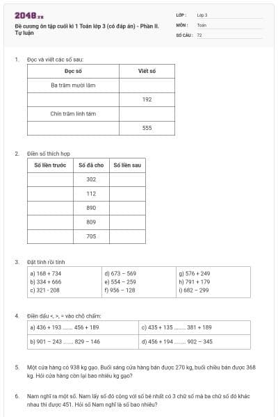 Đề cương ôn tập cuối kì 1 Toán lớp 3 (có đáp án) - Phần II. Tự luận