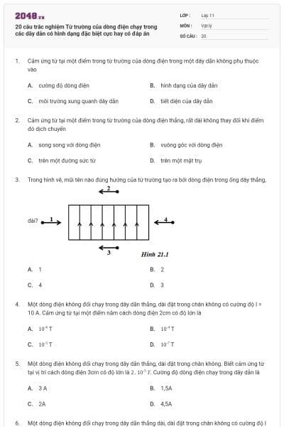 20 câu trắc nghiệm Từ trường của dòng điện chạy trong các dây dẫn có hình dạng đặc biệt cực hay có đáp án