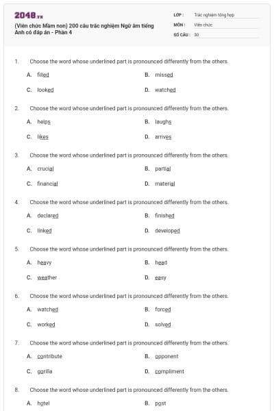 (Viên chức Mầm non) 200 câu trắc nghiệm Ngữ âm tiếng Anh có đáp án - Phần 4