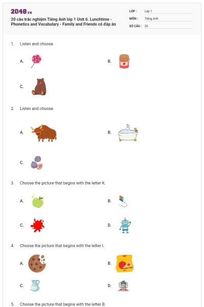 20 câu trắc nghiệm Tiếng Anh lớp 1 Unit 6. Lunchtime - Phonetics and Vocabulary - Family and Friends có đáp án