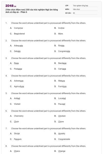 (Viên chức Mầm non) 200 câu trắc nghiệm Ngữ âm tiếng Anh có đáp án - Phần 6