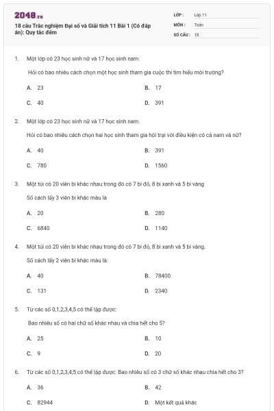 18 câu Trắc nghiệm Đại số và Giải tích 11 Bài 1 (Có đáp án): Quy tắc đếm
