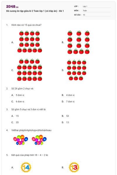 Đề cương ôn tập giữa kì 2 Toán lớp 1 (có đáp án) - Đề 1