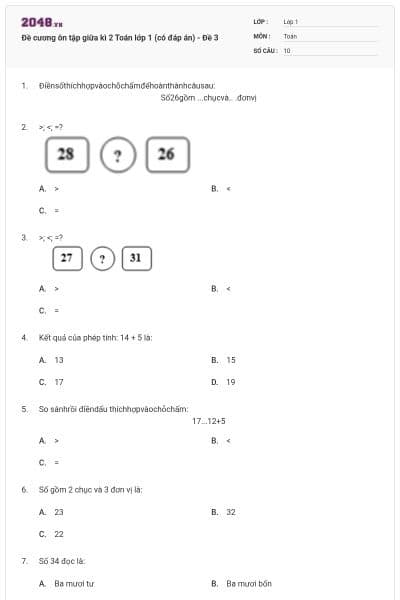Đề cương ôn tập giữa kì 2 Toán lớp 1 (có đáp án) - Đề 3