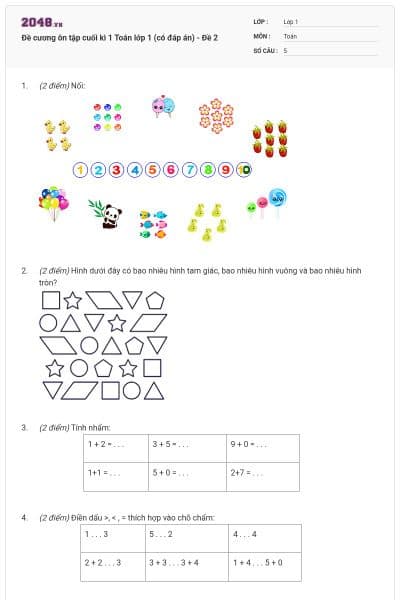 Đề cương ôn tập cuối kì 1 Toán lớp 1 (có đáp án) - Đề 2