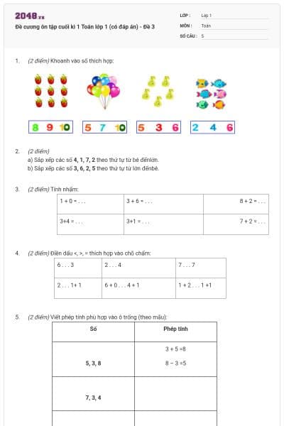 Đề cương ôn tập cuối kì 1 Toán lớp 1 (có đáp án) - Đề 3