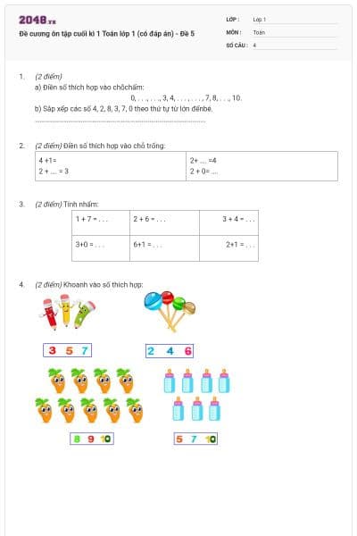 Đề cương ôn tập cuối kì 1 Toán lớp 1 (có đáp án) - Đề 5
