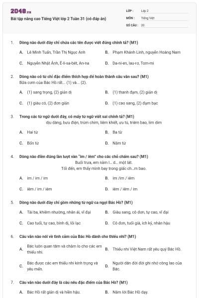 Bài tập nâng cao Tiếng Việt lớp 2 Tuần 31 (có đáp án)