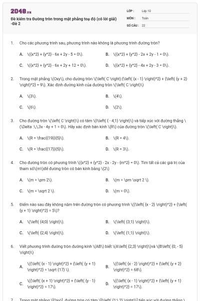 Đề kiểm tra Đường tròn trong mặt phẳng toạ độ (có lời giải) -Đề 2