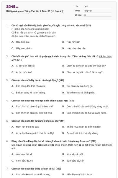 Bài tập nâng cao Tiếng Việt lớp 2 Tuần 35 (có đáp án)