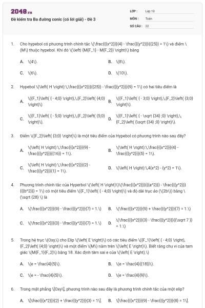 Đề kiểm tra Ba đường conic (có lời giải) - Đề 3