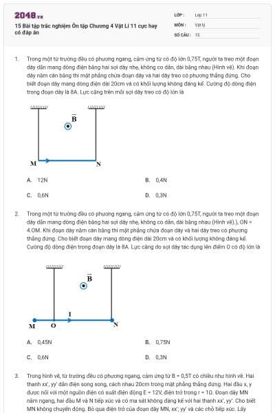 15 Bài tập trắc nghiệm Ôn tập Chương 4 Vật Lí 11 cực hay có đáp án