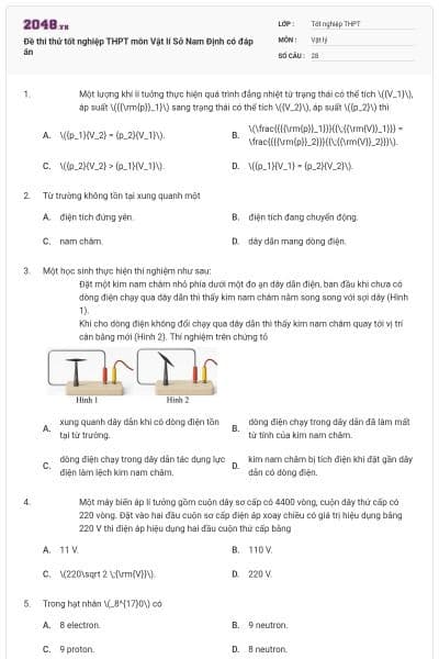 Đề thi thử tốt nghiệp THPT môn Vật lí Sở Nam Định có đáp án