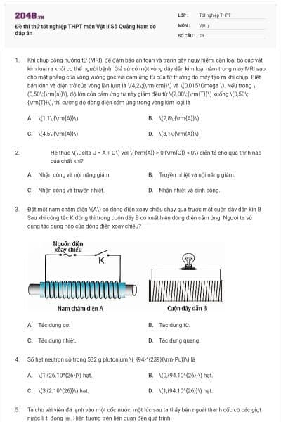 Đề thi thử tốt nghiệp THPT môn Vật lí Sở Quảng Nam có đáp án