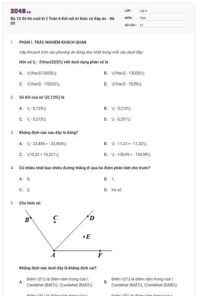 Bộ 10 đề thi cuối kì 2 Toán 6 Kết nối tri thức có đáp án - Đề 05