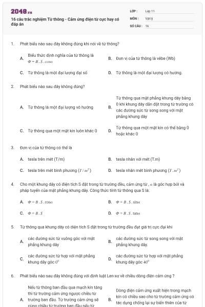 16 câu trắc nghiệm Từ thông - Cảm ứng điện từ cực hay có đáp án