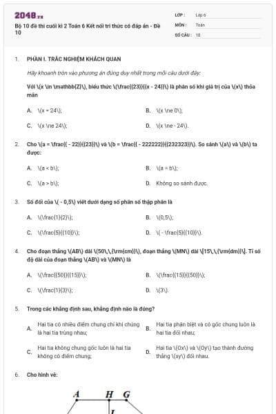 Bộ 10 đề thi cuối kì 2 Toán 6 Kết nối tri thức có đáp án - Đề 10