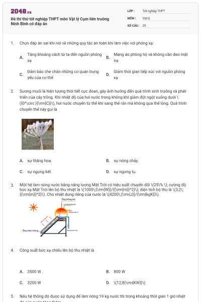 Đề thi thử tốt nghiệp THPT môn Vật lý Cụm liên trường Ninh Bình có đáp án