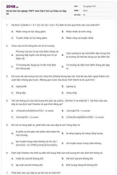 Đề thi thử tốt nghiệp THPT môn Vật lí Sở Lai Châu có đáp án