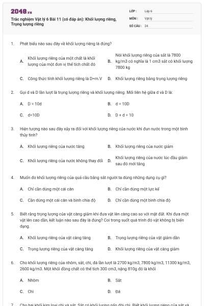 Trắc nghiệm Vật lý 6 Bài 11 (có đáp án): Khối lượng riêng, Trọng lượng riêng