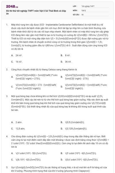 Đề thi thử tốt nghiệp THPT môn Vật lí Sở Thái Bình có đáp án