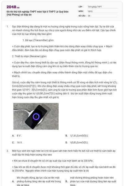 Đề thi thử tốt nghiệp THPT môn Vật lí THPT Lê Quý Đôn (Hải Phòng) có đáp án