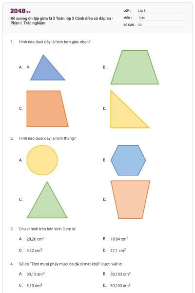 Đề cương ôn tập giữa kì 2 Toán lớp 5 Cánh diều có đáp án - Phần I. Trắc nghiệm