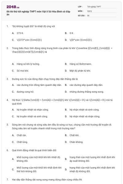 Đề thi thử tốt nghiệp THPT môn Vật lí Sở Hòa Bình có đáp án