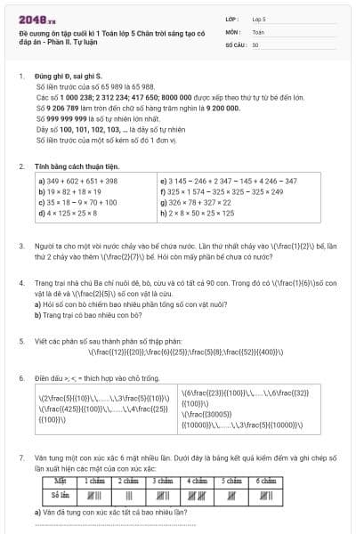 Đề cương ôn tập cuối kì 1 Toán lớp 5 Chân trời sáng tạo có đáp án - Phần II. Tự luận