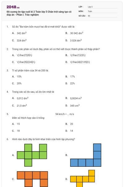 Đề cương ôn tập cuối kì 2 Toán lớp 5 Chân trời sáng tạo có đáp án - Phần I. Trắc nghiệm