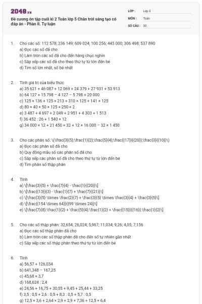 Đề cương ôn tập cuối kì 2 Toán lớp 5 Chân trời sáng tạo có đáp án - Phần II. Tự luận