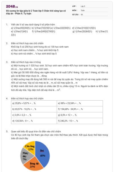 Đề cương ôn tập giữa kì 2 Toán lớp 5 Chân trời sáng tạo có đáp án - Phần II. Tự luận