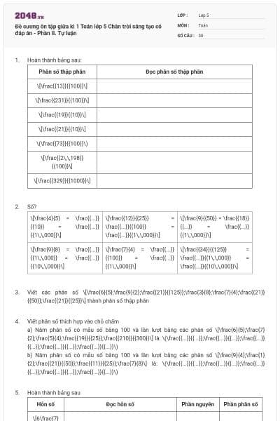 Đề cương ôn tập giữa kì 1 Toán lớp 5 Chân trời sáng tạo có đáp án - Phần II. Tự luận