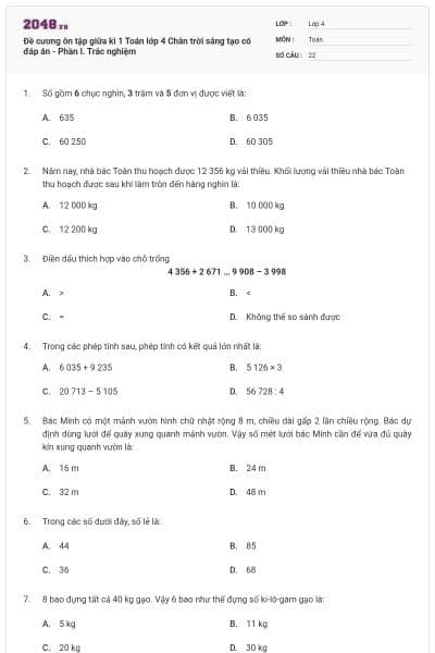Đề cương ôn tập giữa kì 1 Toán lớp 4 Chân trời sáng tạo có đáp án - Phần I. Trắc nghiệm