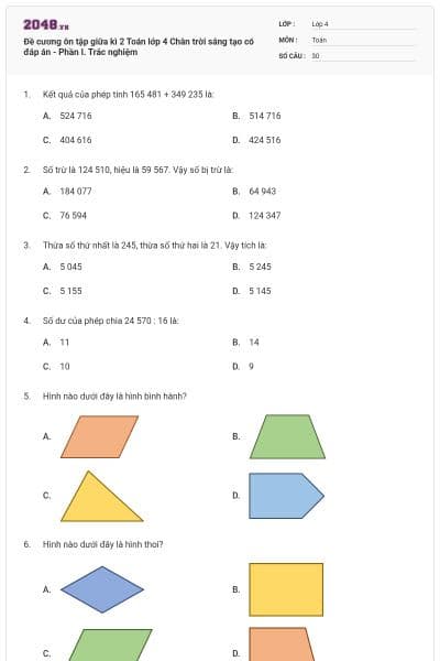Đề cương ôn tập giữa kì 2 Toán lớp 4 Chân trời sáng tạo có đáp án - Phần I. Trắc nghiệm