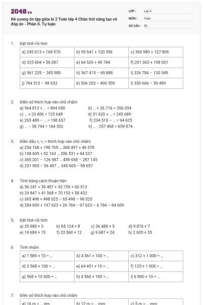 Đề cương ôn tập giữa kì 2 Toán lớp 4 Chân trời sáng tạo có đáp án - Phần II. Tự luận