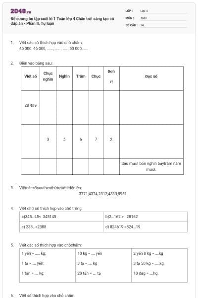Đề cương ôn tập cuối kì 1 Toán lớp 4 Chân trời sáng tạo có đáp án - Phần II. Tự luận